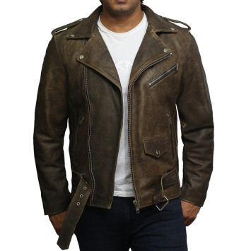 Mens Genuine Leather Biker Jacket Cowhide Brando Rustic