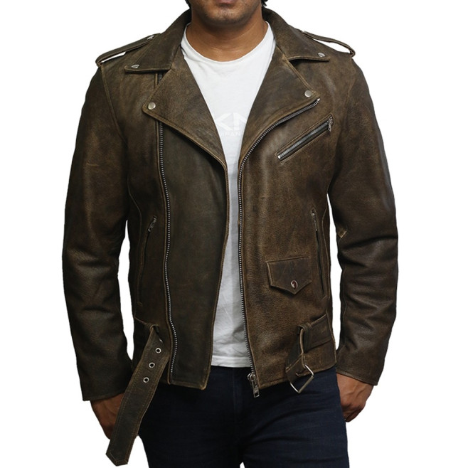Mens Genuine Leather Biker Jacket Cowhide Brando Rustic