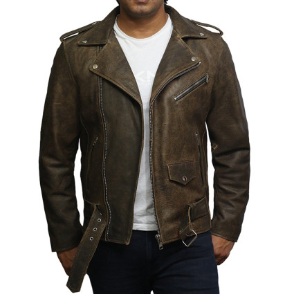Mens Genuine Leather Biker Jacket Cowhide Brando Rustic