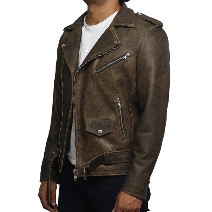 Mens Genuine Leather Biker Jacket Cowhide Brando Rustic