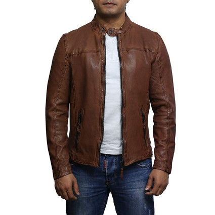 Mens Leather Jacket Genuine Lambskin Waxed Distressed Vintage Retro