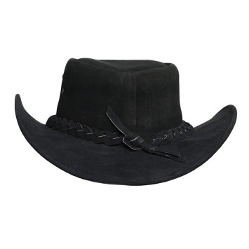 Mens Black Australian Leather Original Cowboy Aussie Bush Hat