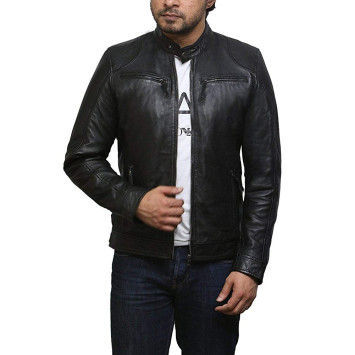 Mens Genuine Leather Biker Jacket Sheepskin Vintage