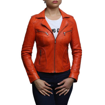 Ladies Women's Tan Vintage Real Leather Biker Jacket-Hannah