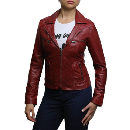 Ladies Women's Tan Vintage Real Leather Biker Jacket-Hannah