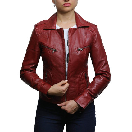 Ladies Women's Tan Vintage Real Leather Biker Jacket-Hannah