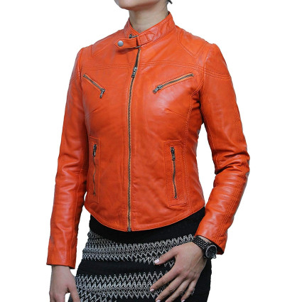  Vintage Womens real Leather Biker Jacket Lambskin  