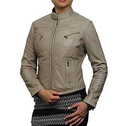  Vintage Womens real Leather Biker Jacket Lambskin  