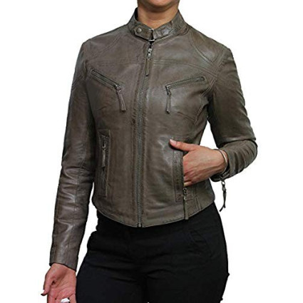  Vintage Womens real Leather Biker Jacket Lambskin  