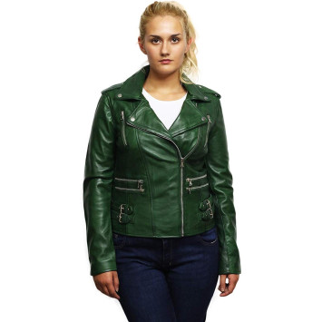 Women Waxed Teal Leather Biker Jacket - Moss