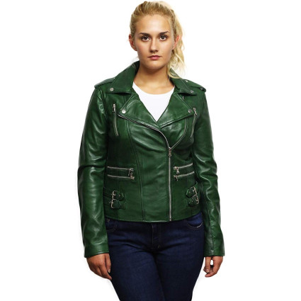 Women Waxed Teal Leather Biker Jacket - Moss