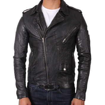 Men’s Leather Biker Jacket in Black Croc - Zack