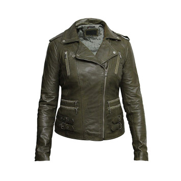 Women Waxed Teal Leather Biker Jacket - Moss