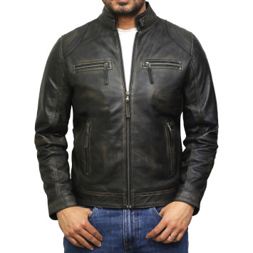 Men's Distressed Leather Biker Jacket Black Waxed Leather Jacket