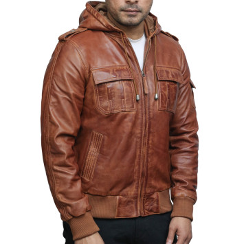 Men's Genuine Leather Biker Jacket With Hood - Tan