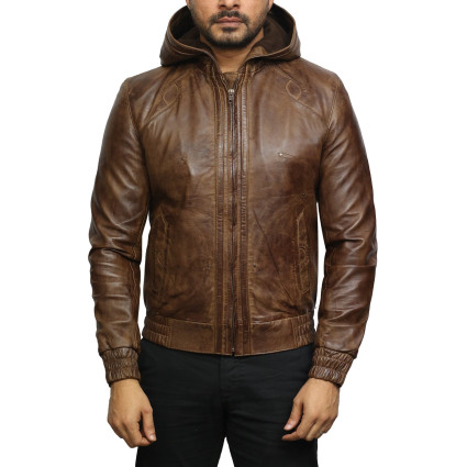 Mens Brown Leather Hooded Pilot Jacket 