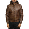 Mens Brown Leather Hooded Pilot Jacket 