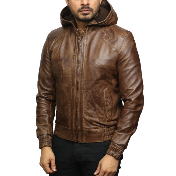 Mens Brown Leather Hooded Pilot Jacket 