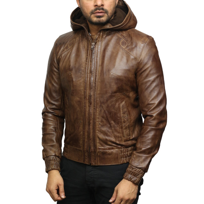 Mens Brown Leather Hooded Pilot Jacket 
