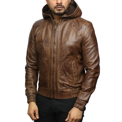 Mens Brown Leather Hooded Pilot Jacket 