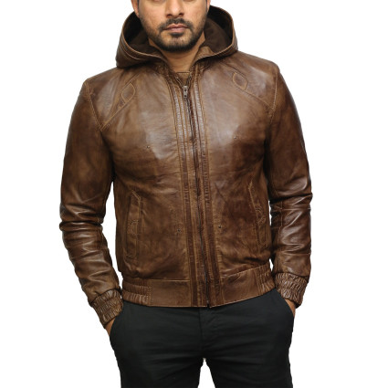 Mens Brown Leather Hooded Pilot Jacket 