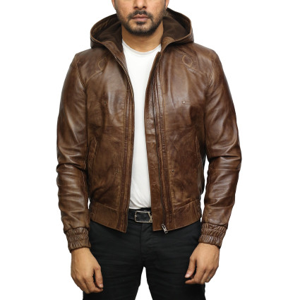 Mens Brown Leather Hooded Pilot Jacket 