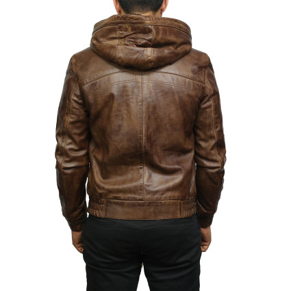 Mens Brown Leather Hooded Pilot Jacket 