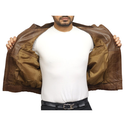 Mens Brown Leather Hooded Pilot Jacket 