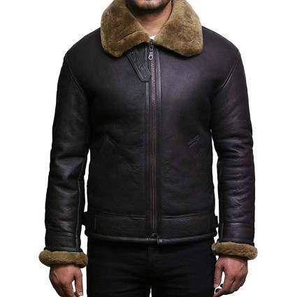 Men's Real Shearling Sheepskin Leather Flying Jacket Aviator Ginger Brown BNWT