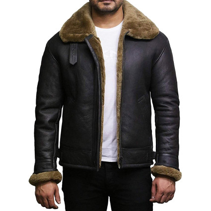Men's Real Shearling Sheepskin Leather Flying Jacket Aviator Ginger Brown BNWT