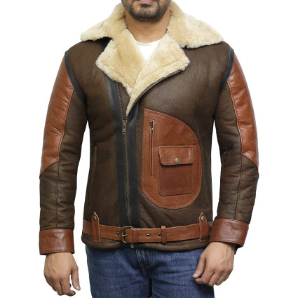 Men's Genuine Shearling Sheepskin Leather Jacket Aviator Bomber Flying Pilot