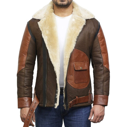 Men's Genuine Shearling Sheepskin Leather Jacket Aviator Bomber Flying Pilot