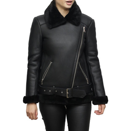 Women’s Black Shearling Sheepskin Pilot Aviator Fur-lined Leather jacket
