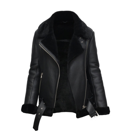 Women’s Black Shearling Sheepskin Pilot Aviator Fur-lined Leather jacket