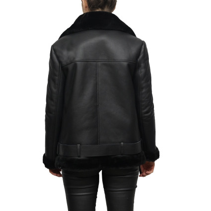 Women’s Black Shearling Sheepskin Pilot Aviator Fur-lined Leather jacket
