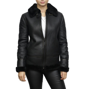 Women's World War II Shearling Sheepskin Aviator Black Leather Jacket