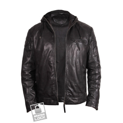 Men's Black Leather Bomber Jacket - Majento