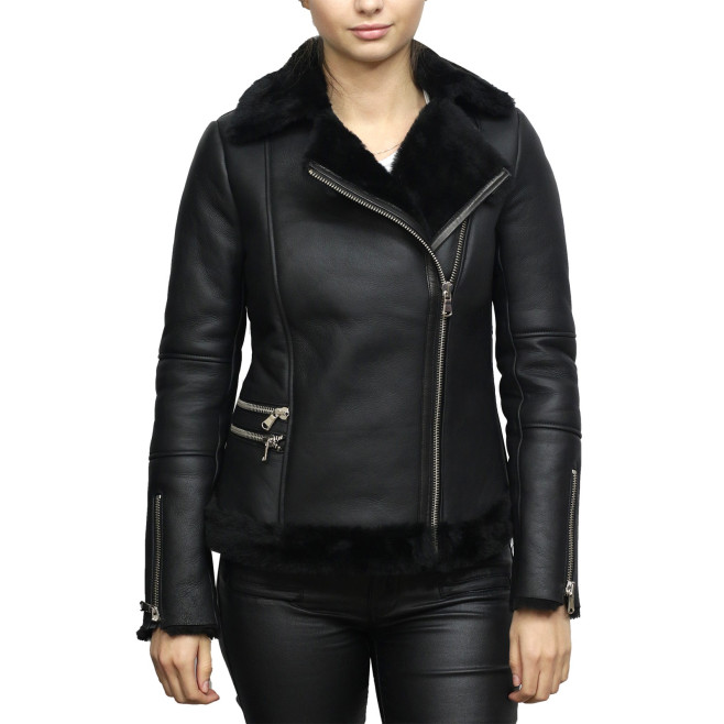 Women's Black Merino Sheepskin Aviator Pilot  Leather Jacket