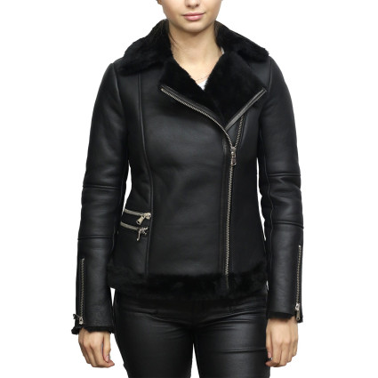 Women's Black Merino Sheepskin Aviator Pilot  Leather Jacket