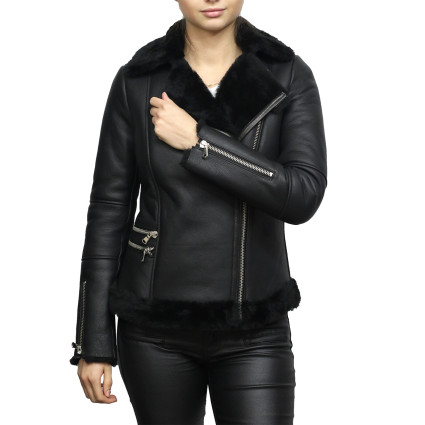 Women's Black Merino Sheepskin Aviator Pilot  Leather Jacket