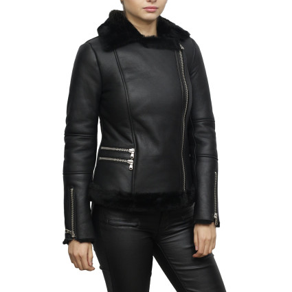 Women's Black Merino Sheepskin Aviator Pilot  Leather Jacket