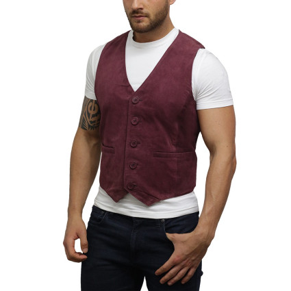 Mens Soft Real Goat Suede Leather Burgundy Smart Waistcoat Vest