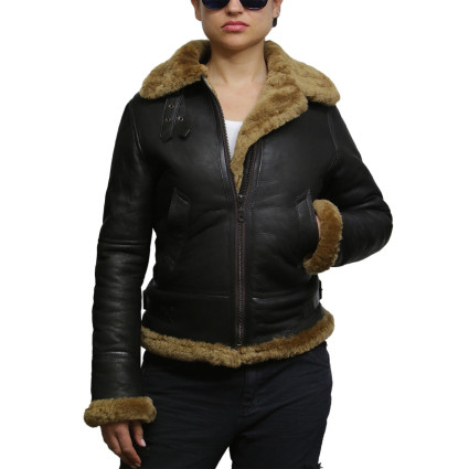 Leather Sheepskin Shearling Jacket Womens | B3 WW2 Aviator Flying Hooded Jacket