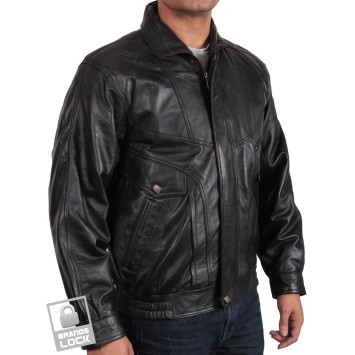 Men's Black Leather Bomber Jacket - Marvel