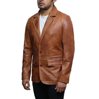 Men's Tan Leather Blazer Jacket - Nicolas