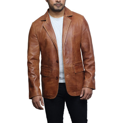 Men's Tan Leather Blazer Jacket - Nicolas