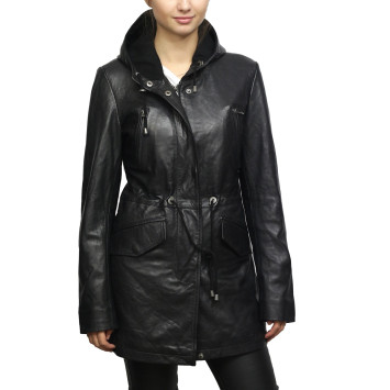Women's Black Leather Parka Mid-Length Quilted Hooded Trench Coat