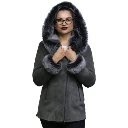 Women’s Grey Suede Leather Sheepskin Hooded long coat