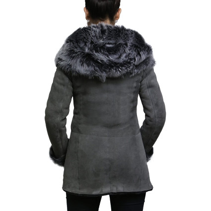 Women’s Grey Suede Leather Sheepskin Hooded long coat