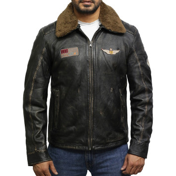 Men's Black Rub Off Distressed Removable Collar Leather Jacket